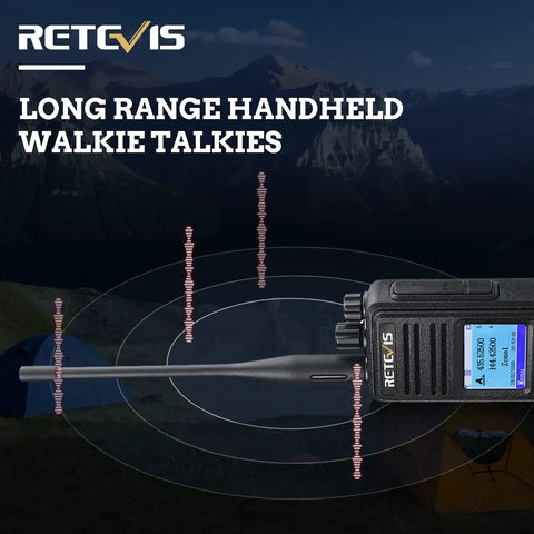 RT3S DMR Radio Dual Band Two Way Ham Radio With Cable OpenGD77 Support, shown with long-range capability illustration.