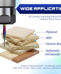 CNC router bit demonstrating cutting on plywood, MDF, particle board, and hardwoods for engraving applications.