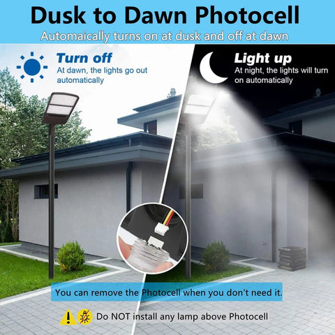 300W Outdoor LED Parking Lot Light With Slip Fitter Mount, Dimmable 0-10V, illustrating dusk-to-dawn photocell feature