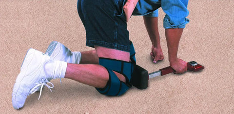 Comfort Knee Pads For Carpet Installations With Built In Kneeling Protection, showing use with extra wide Velcro straps.