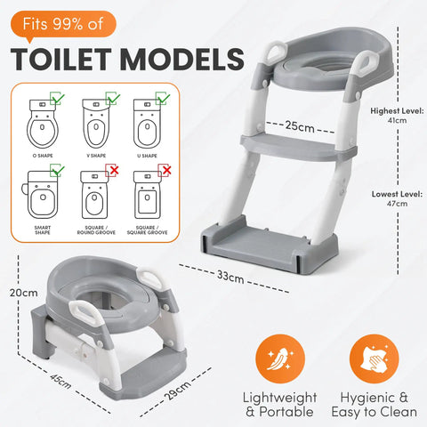No Sweat Potty Training Setup With This 6 In 1 Foldable Toddler Toilet Seat Featuring A Rock Solid Step Stool Ladder And Adjustable Height For Smooth Sailing Bathroom Trips And Effortless Cleaning Gray White