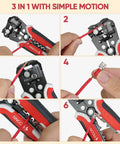 3 In 1 Wire Stripper Cutter And Crimping Pliers For 24 10 AWG Wire Stripping Cutting And Crimping Heavy Duty Electrician Tool Ergonomic Red Handle With Comfortable Grip in use, showing stripping, cutting, and crimping steps