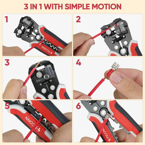3 In 1 Wire Stripper Cutter And Crimping Pliers For 24 10 AWG Wire Stripping Cutting And Crimping Heavy Duty Electrician Tool Ergonomic Red Handle With Comfortable Grip in use, showing stripping, cutting, and crimping steps
