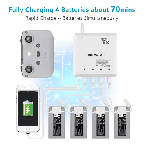 6 In 1 Rapid Multi Charging Hub for DJI Mini 4K Mini 2 and Mini 2 SE drones charging four batteries and remote controller