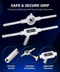 Amazon tap and die set with knurled handles; silver tap wrench and die stock, with included screwdriver