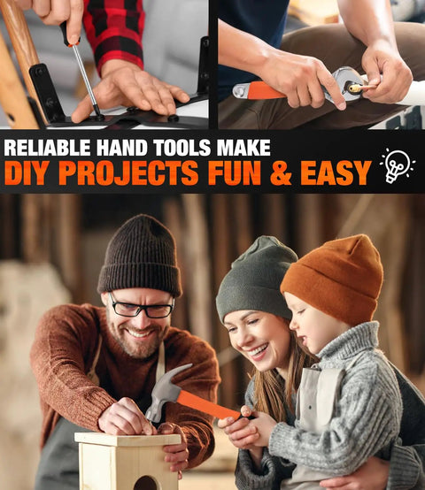 Family using 328 Piece Home Tool Set With Toolbox Storage Case And Drawer Organizer All In One Hand Tool Kit for DIY projects.