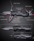 Everyday Carry Multitool For Men With Folding Knife And Pliers showing knife, pliers, bottle opener, and dimensions.