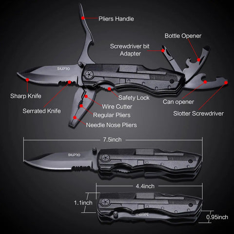 Everyday Carry Multitool For Men With Folding Knife And Pliers showing knife, pliers, bottle opener, and dimensions.