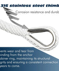 Close-up of braided anchor rope 3/8 inch by 100 feet solid MFP boat line with 316 stainless steel thimble highlighting durability.