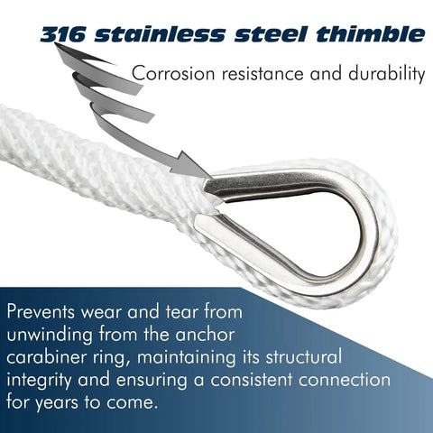 Close-up of braided anchor rope 3/8 inch by 100 feet solid MFP boat line with 316 stainless steel thimble highlighting durability.