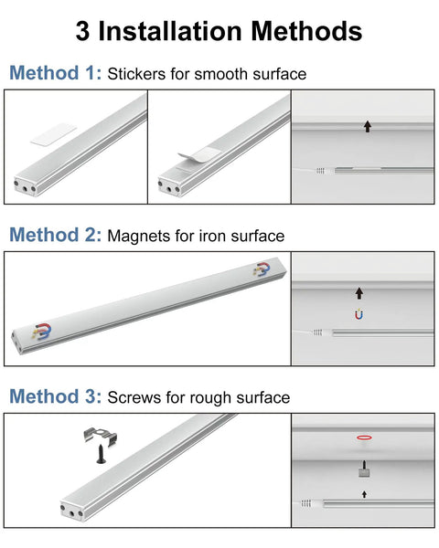 3 installation methods for Under Cabinet LED Light Kit 3 Pack 12 Inch Linkable Plug In No Fuss Dimmable Daylight White 4500K