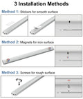 Three installation methods for Dimmable Under Cabinet Led Lights for Kitchen, 6 Pack 12 Inch Linkable Bar Lights. Methods: stickers, magnets, screws.