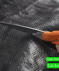 Close-up of scissors cutting Heavy Duty Weed Barrier Fabric 3ft By 300ft 3.2oz Tear-Resistant Ground Cover