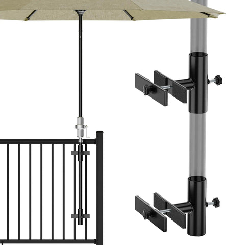 Beefy Adjustable Patio Umbrella Stand For Deck Railing Mounts Heavy Duty Steel Base With Clip Clamp Outdoor Umbrella Holder Weatherproof Rust