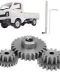 Heavy Duty Steel Gear Replacement Kit For WPL D12 1/10 Scale RC Rock Crawler Truck showing three steel gears and vehicle components.