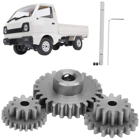 Heavy Duty Steel Gear Replacement Kit For WPL D12 1/10 Scale RC Rock Crawler Truck showing three steel gears and vehicle components.
