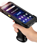 Person holding Android 13 Pistol Grip Barcode Scanner With Wi Fi 6 Handheld Mobile Computer 5.5 inch display, GPS, SE4710 Zebra Engine