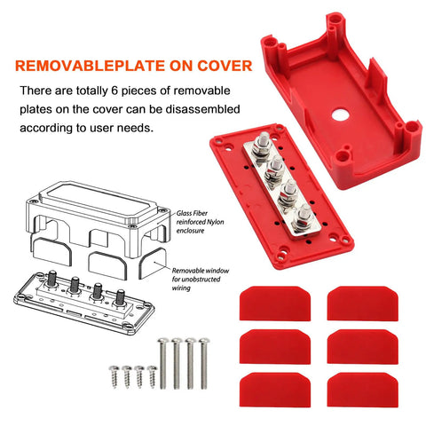 Heavy Duty 300 Amp Bus Bar Box With Nickel Plated Brass Conductors and Four M8 Terminals showing removable plates and mounting screws.