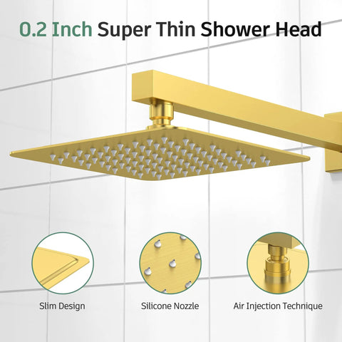 Brushed Gold Three Way Shower Set With Valve 8 Inch Square Shower Head showing slim design and silicone nozzle
