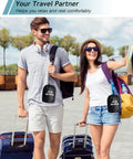Couple with travel bags showcasing Inflatable Foot Rest Pillow For Travel And Home, Adjustable Three-Layer Leg Rest in portable pouches