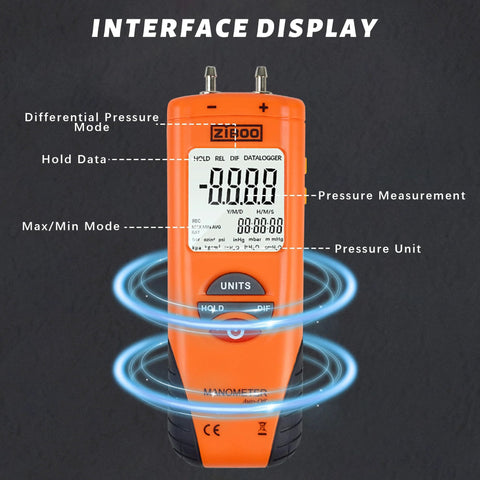 Digital Manometer For Air And Gas Pressure Testing With Dual Port Differential Gauge, 11 Units, Pro Grade Accuracy