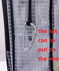 Close-up of Clear PVC ESD Backpack for Cleanroom Work showing carabiner hook for tool bag with full cover detail.