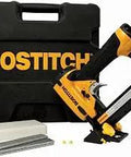 Bostitch pneumatic nail gun with carrying case and nails, compact and durable design for construction and woodworking tasks.