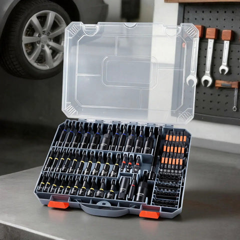 Beefy Magnetic Impact Nut Driver Set 80 piece kit with metric and SAE sizes in a sturdy storage box on a workbench