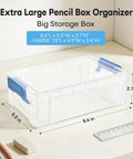 Big Ol Extra Large Clear Pencil Box For Crayons, Markers, And Art Supplies on desk, hard plastic, stackable, large grey