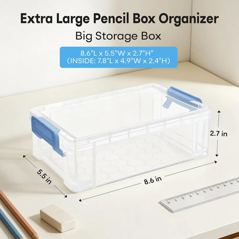 Big Ol Extra Large Clear Pencil Box For Crayons, Markers, And Art Supplies on desk, hard plastic, stackable, large grey