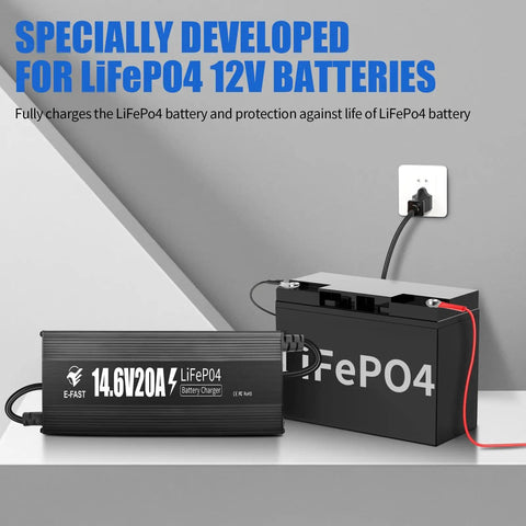 Heavy Duty 12V 20A LiFePO4 Battery Charger With 0V Activation, 14.6V Output, shown connected to LiFePO4 battery