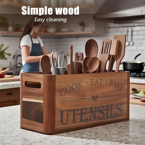 Extra Large Utensil Holder for Kitchen Countertop with Four Removable Compartments in Acacia Wood, holding various utensils.