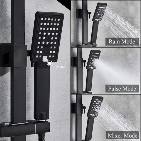 UMJIGF Matte Black Shower System with Cold and Hot Water Shower Faucet Set Multifunction Single Handle Shower Combo Set with Shower Head, 3 Spray Handheld Shower, Rotating Tub S showcasing handheld shower nozzle with rain, pulse, and mixer modes.