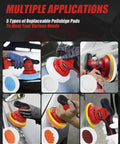 Cordless Car Polisher And Orbital Buffer For Detailing With Six Variable Speeds Up To 5500 RPM displayed with different pads