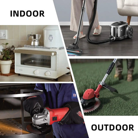 Collage of appliances: indoor vacuum cleaner, toaster oven, power drill, and outdoor lawn trimmer.