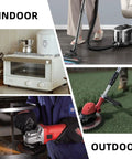 Collage showing indoor vacuum and toaster oven, outdoor use with 100 Ft Outdoor Extension Cord 16/3 SJTW White Electrical Cable.