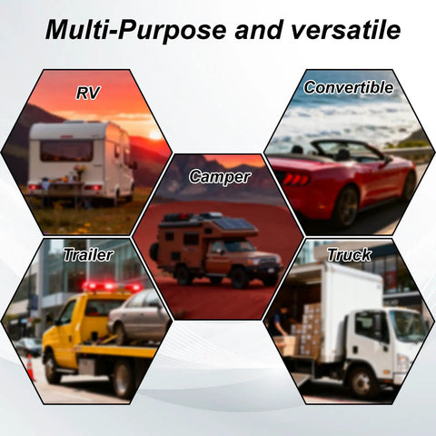 Five-image collage of RV, camper, convertible, trailer, and truck for Four Pack RV Level Bubble Kit With Two Rectangular And Two T Type Levels Stick On Or Screw Mount Mini Levelers For RV Camper Truck Travel Trailer Motorhome Easy Install With Screws And Tape
