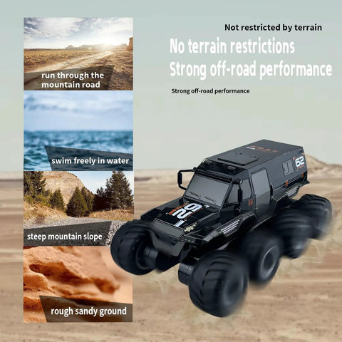 Amphibious Remote Control Car With Waterproof Design 8WD Monster Truck on rugged off-road terrain background