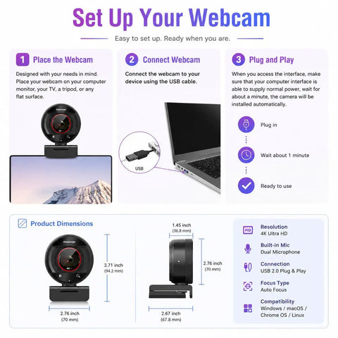 Set up guide for Straight Fire 4K Webcam For PC With Smooth PDAF Autofocus And Built In Mic That Slaps, showing connection steps and dimensions.