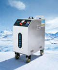 Real Deal Dry Ice Blasting Machine With Wireless Spray Gun For Knocking Heavy Grime And Stuck Paint Off Garage Gear Without Causing Major Headaches Later, silver metal body on wheels.
