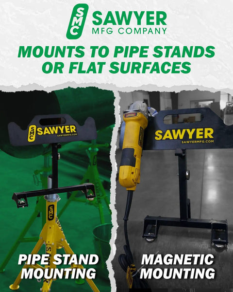 Adjustable Grinder Base Bracket And Angle Grinder Holder With Magnetic Tool Strip shown on pipe and magnetic stands