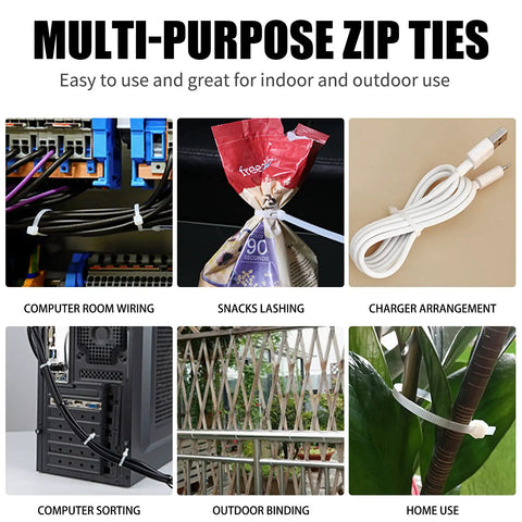 Self Locking Nylon Cable Ties Set With 600 Pieces In 4 6 8 10 12 Inch Assorted Sizes Grab And Go Ready For Heavy Duty Multi Purpose Wire Management For Home Garden Office Travel And Workshop used in various applications such as wiring, lashing, and binding.