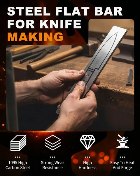 Close-up of hands holding a 1095 High Carbon Steel Knife Making Flat Bar 12 By 1.5 By 0.12 Inch Annealed, showing knife outline.