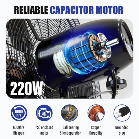 Heavy Duty 30 Inch Pedestal Oscillating Fan with 220W motor, focus on reliability and features, for shop, garage, and warehouse use