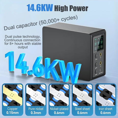 Pro Battery Spot Welder With 14.6KW Capacitor Spot Welding Machine showcasing power output and metal compatibility options.