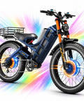 Heavy Hitter Adult Electric Bike With 52 Mph Dual Motors And Super Long Range Fast Fat Tire Mountain Ebike on colorful background.