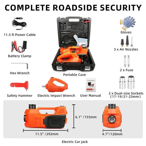 Complete roadside security kit with Electric Car Jack 5 Ton Hydraulic Floor Jack With Electric Impact Wrench Tire Inflator