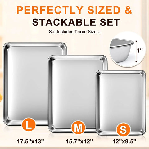 Heavy Duty Baking Sheet Set Of 3 For Home Bakers Commercial Grade Stainless Steel Cookie Sheets In 12, 16, And 17.5 Inch Sizes