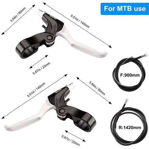 Heavy Duty Aluminum Disc Brake Kit For Road And Mountain Bikes Features Front Rear Calipers Comfort Grip Levers 160mm Rotors Tool Free Adjuster No Sweat Upgrade MTB levers shown with measurements.