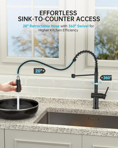 Effortless sink-to-counter access with matte black touchless faucet showing 20-inch retractable hose and 360-degree swivel.